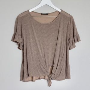 Taupe Ruffle Sleeve Knot Front Boutique Tee